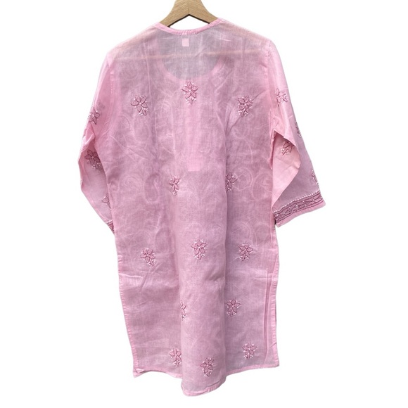 Chikankari Hand-Embroidered Straight Pink Kurti Tunic size 42, US L. NEW - Picture 3 of 16